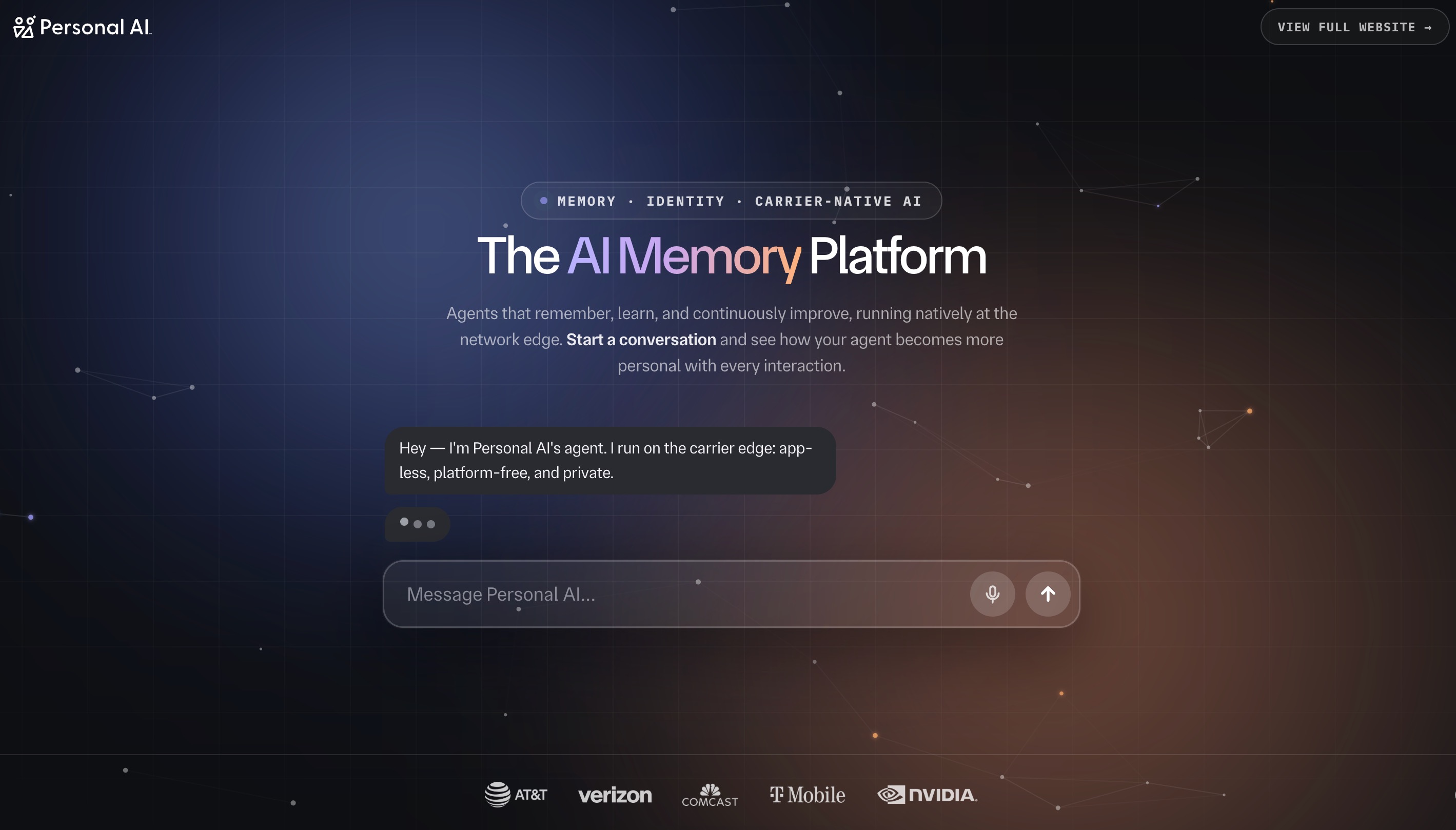 Personal AIのホームページ：AIメモリプラットフォーム。記憶し改善するエージェントがネットワークエッジでネイティブに動作